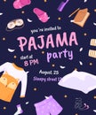 Sleepover invite. Pajama party invitation card, holiday sleep over in bed beautiful pajamas, child friends pyjamas