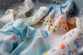 sleepsuits with colorful patterns in a foamy wash pail Royalty Free Stock Photo