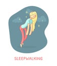 Sleepwalking Banner Template, Girl Walking at Night in a Dream Vector Illustration