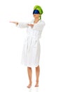 Sleepwalking woman in bathrobe. Royalty Free Stock Photo