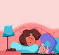 Sleepy awake girl in bed suffers from insomnia. Vector illustration