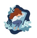 Sleepy awake woman in bed suffers from insomnia. Vector illustration