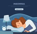 Sleepy awake woman in bed suffers from insomnia. Vector illustration Royalty Free Stock Photo