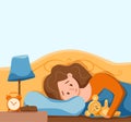 Sleepy awake woman in bed suffers from insomnia. Vector illustration Royalty Free Stock Photo