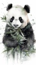 Sleepy Baby Panda Eating Bamboo Adorable Watercolor Portrait for Nursery Decor.