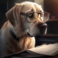 Golden retriever with glasses reading. Dog with glasses. Dog reeding book. dog with clothes cosplay. Royalty Free Stock Photo