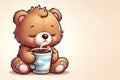 Sleepy bear with a cup of coffee. Space for text. Royalty Free Stock Photo