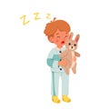 Sleepy boy with bunny at bedtime, cute kid in blue pajamas holding toy to sleep togerther