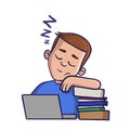 Sleepy boy with closed eyes in front of books. Isolated flat illustration on a white backgroud. Cartoon vector image.