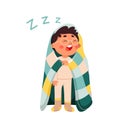 Sleepy boy with yawn, funny tired child with closed eyes, sleepwear clothes and blanket