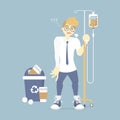 Sleepy businessman holding IV intravenous stand with coffee infusion drip bag and recycle bin, coffee addict concept