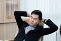 Sleepy businessman in office table. Frustrated work. Man overworked thoughtful have headache depressed unhappy. Male manager sad Royalty Free Stock Photo