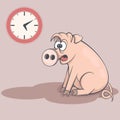 Sleepy cartoon pig in early morning. Tired swine