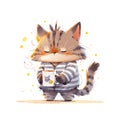 Tired sleepy Cat with coffee wearing pyjama , doodle vector ilustration.