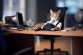 Sleepy cat in office chair. Generate Ai Royalty Free Stock Photo