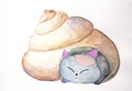 Sleepy cat in the shell watercolor nursery illustration Royalty Free Stock Photo