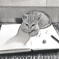 Sleepy cat on the sketchbook. Digital illustration kitty on artist workplace.