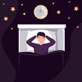 Sleepy character trying to fall asleep. Tired man suffer from sleeping disorder, insomnia, nightmare, sleeplessness Royalty Free Stock Photo