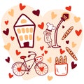 A sleepy cook and a bicycle in love heart-shaped pattern for Valentine Day. Perfect for T-shirts, stickers, posters, cards