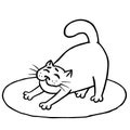 Sleepy cute cat woke up and stretched on rug. Isolated vector illustration.