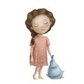 Sleepy cute girl with pillow, good night children`s illustration, watercolor style clipart with cartoon character