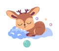 Sleepy deer animal character on fluffy clouds