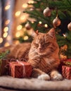 A sleepy ginger cat rests peacefully under a lit Christmas tree, surrounded by wrapped presents Royalty Free Stock Photo