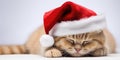 Sleepy ginger kitten in red Santa Claus hat. New Year holiday background. Generative AI