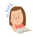 Sleepy girl with closed eyes in front of an open book. Isolated flat illustration on a white backgroud. Cartoon vector Royalty Free Stock Photo