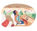 Sleepy girl driving car, flat vector illustration. Tired female driver with cup of coffee at the wheel.