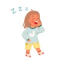 Sleepy girl sleepwalking at night, tired kid walking with yawn to home bedroom to sleep