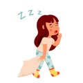 Sleepy girl sleepwalking at night and yawning, adorable kid in pajamas holding pillow