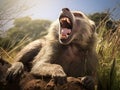 A sleepy greyish baboon yawning