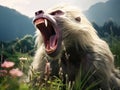 A sleepy greyish baboon yawning