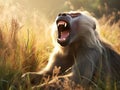 A sleepy greyish baboon yawning