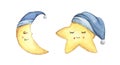 Sleepy half moon and little star in blue nightcap. watercolor illustration.