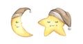 Sleepy half moon and little star in brown nightcap. Watercolor illustration.