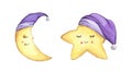 Sleepy half moon and little star in purple nightcap. Watercolor illustration.