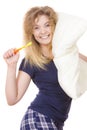 Sleepy happy woman hugging white pillow