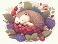 A sleepy hedgehog curled up in a peaceful slumber dreaming of a world full of berries. Cute creature. AI generation