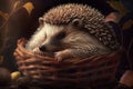 Sleepy hedgehog sitting in a rustic basket with a relaxed expression and spiky quills