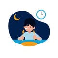 A sleepy kid must ready for sahur or pre-dawn meal before start fasting vector illustration with night scene background. children