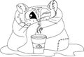 Sleepy kitten with coffee. Flat style pattern, cartoon characters, funny animals, coloring on white