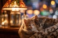 Sleepy Kittens In Blanket By Cozy Lamp Royalty Free Stock Photo