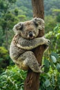Sleepy Koala Clinging to a Tree Trunk in Lush Greenery Habitat with Eucalyptus Leaves Royalty Free Stock Photo