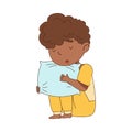 Sleepy Little African American Boy in Pajamas Sitting and Hugging Pillow Vector Illustration