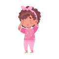 Sleepy Little African American Girl Wearing Pajamas Rubbing Her Eyes with Fist and Yawning Vector Illustration