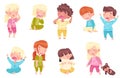 Sleepy Little Boy and Girl Wearing Pajamas Stretching and Yawning Vector Set