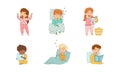 Sleepy Little Boy and Girl Wearing Pajamas Yawning and Reading Book Getting Ready to Bed Vector Set Royalty Free Stock Photo