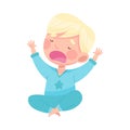 Sleepy Little Boy Wearing Pajamas Sitting Cross Legged Stretching and Yawning Vector Illustration